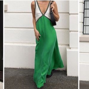 NWT: Green Satin Contrast Trim Long Dress